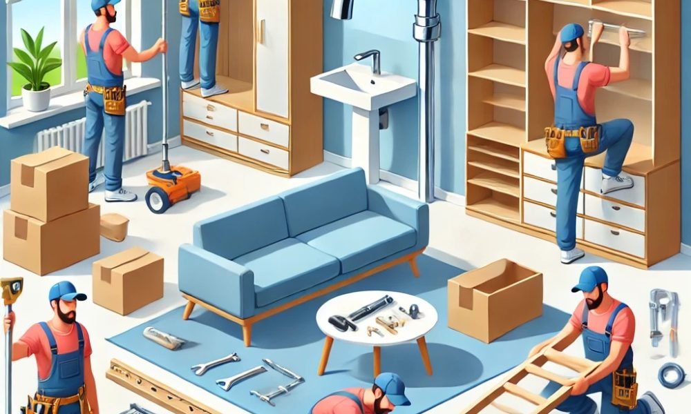 An-illustration-of-a-professional-handyman-service-in-action-featuring-tools-and-tasks-like-fixing-a-leaky-tap-assembling-flat-pack-furniture-and-m